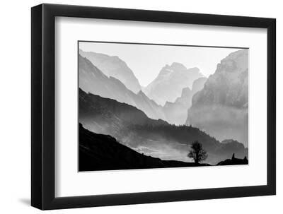 Morning in Foggy Mountains. Black and White Mountain Background - Black Framed Art Print Wall Art, 12x8
