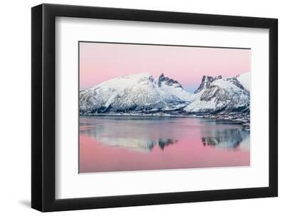 Panorama of the Beautiful Fjord on Senja Island with Magical Pink Light at Sunset, Troms County - N - Black Framed Art Print Wall Art, 12x8